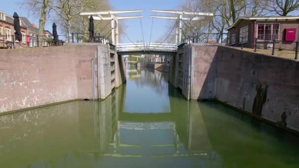 Aerial View Flying Foot Bridge Dutch Canal — Stock Video