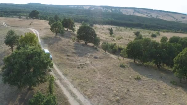 Farmer Blue Pick Truck Stops Dirt Road Ranch Trees — Αρχείο Βίντεο