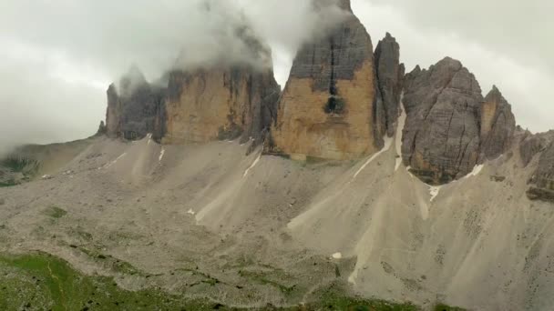 Clouds Cover Tre Cime Lavaredo Dolomites South Tyrol Italy — стоковое видео