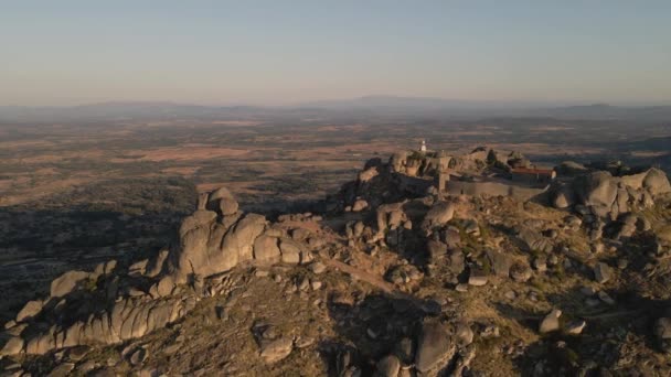 Monsanto Castle Surrounding Landscape Sunrise Portugal Aerial Backward — Stock video