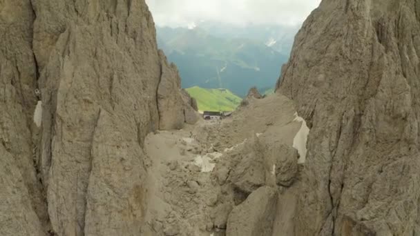 Letět Přes Úžasné Panorama Horské Restaurace Langkofel Dolomites Itálie — Stock video