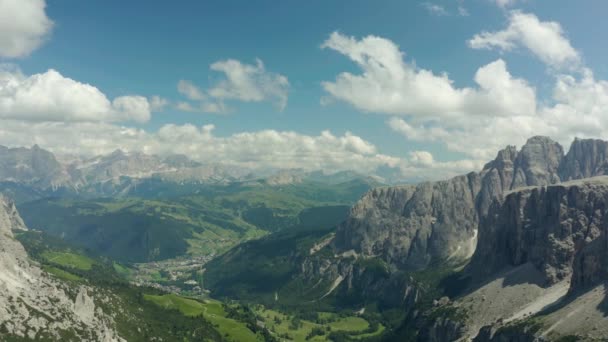 Aerial Green Valley Surrounded Dolomites Mountains South Tyrol — Vídeos de Stock