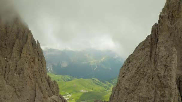 Fly Mountain Tops Covered Rainy Clouds Dolomites Italy — Video Stock