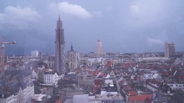 Aerial View Tall Commercial Buildings Antwerp Beautiful Urban Cityscape Dark — Stock video