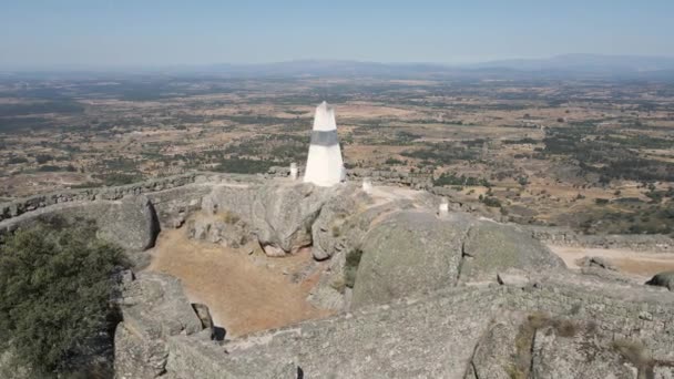 Woman Megalithic Fortification Monsanto Castle Greets Drone Portugal Aerial Ascending — Stock video