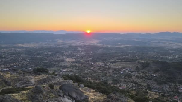 Bright Yellow Sun Horizon Sunrise Monsanto Castle Portugal Aerial Drone — Stock video