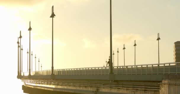 Golden Hour Sunlight Bridge Traffic Silhouette Person Riding Electric Scooter — Stockvideo