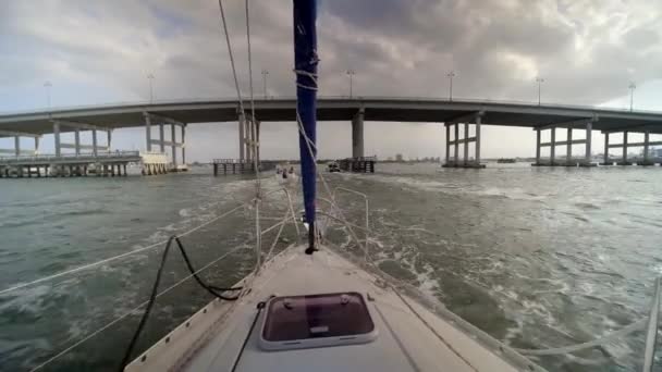 Bow Sailboat Sailing Bridge Overpass Intracoastal Waterway Miami Florida Usa — Stok video