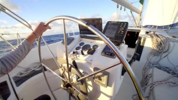 Close Hands Helm Sailing Boat While Sailing Tropical Sea Full — Stock video