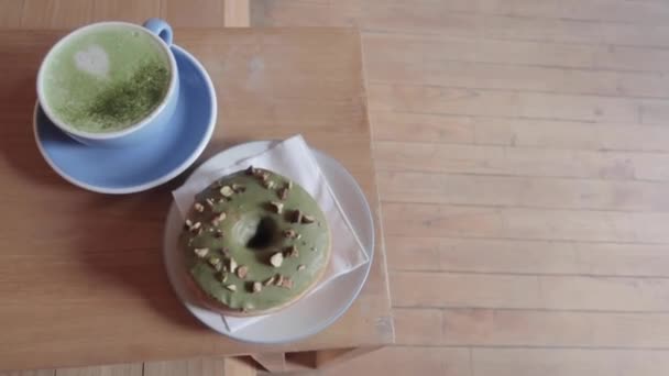 Afternoon Tea Dessert Green Hot Matcha Latte Pistachio Vegan Donut — Videoclip de stoc