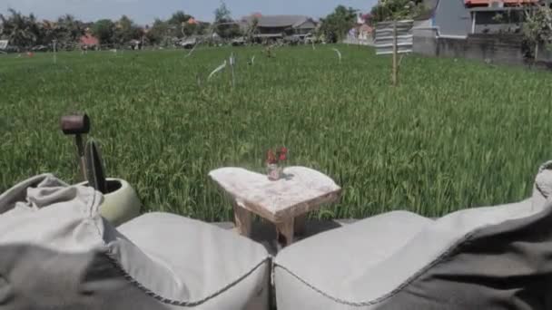 Romantic Seat Facing Rice Field Bean Bags Heart Shaped Wooden — Vídeos de Stock