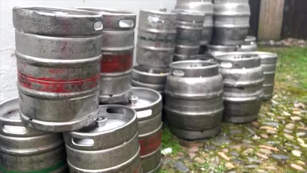 Public House Beer Barrels Empty Kegs Waiting Beer Delivery — Stock Video