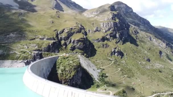 Drone Flight Dam Wall Beautiful Lac Moiry Swiss Mountains Super — Vídeo de stock