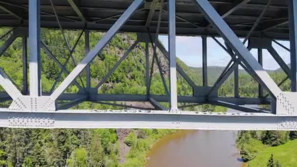 Drone Flies Slowly Metal Beams Large Bridge High Water River — Stock video