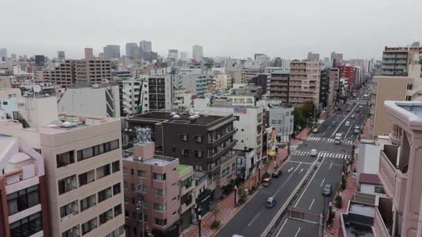 Tokyo City Skyline Traffic Cloudy Grey Day Pan Shot High — стоковое видео