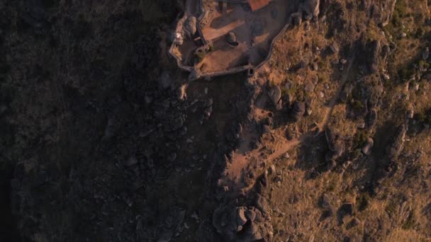 Aerial Top Forward Monsanto Ruins Sunrise Portugal — Stock Video