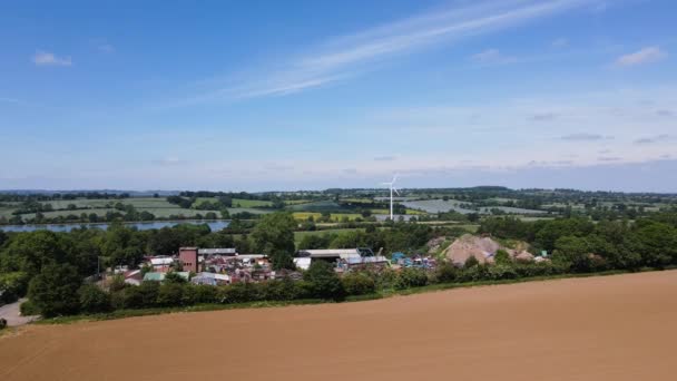 Ariel View Wind Turbine Scrap Yard Green Countryside Sunny Day — Stock video