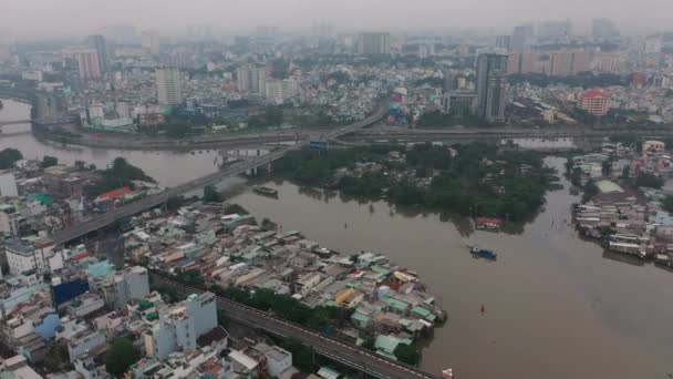 Foggy Smoggy Early Morning Drone Footage Flying Junction Major Canals — Video Stock