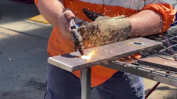 Gas Welder Being Used Blow Hole Sheet Steel — Vídeo de Stock