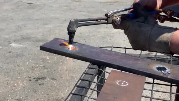 Heat Gas Welding Flame Burns Hole Steel Plate Forming Molten — Stockvideo