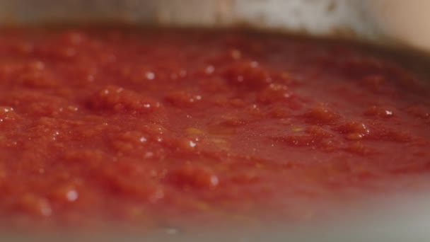 Κοντινό Πλάνο Sliding Macro Της Φρέσκιας Ιταλικής Σάλτσας Ντομάτας Που — Αρχείο Βίντεο