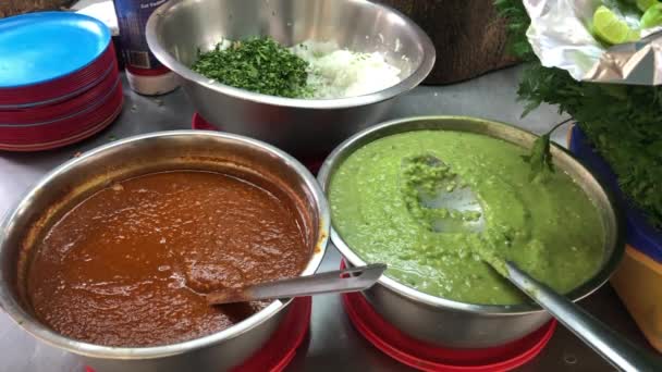 Spicy Green Red Salsa Sauces Mexican Street Food Tacos Burritos — Vídeos de Stock