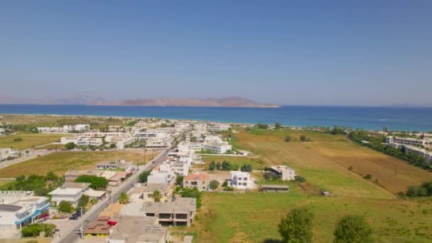 Aerial View Tigaki Town Approaching Beach Kos Greece — стокове відео