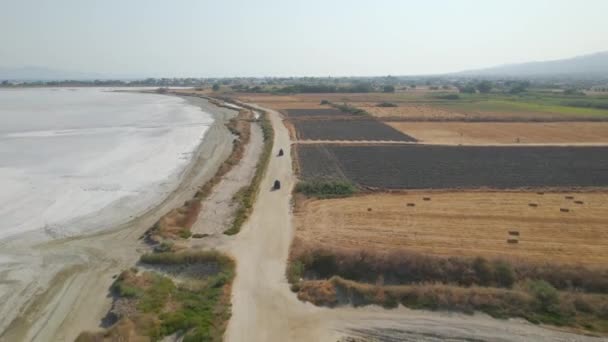 Aerial View Atvs Driving Salt Lake Kos Greece — Stock Video