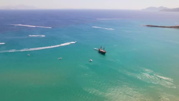 Aerial View Speed Boats Paradise Beach Kos Greece — Stockvideo