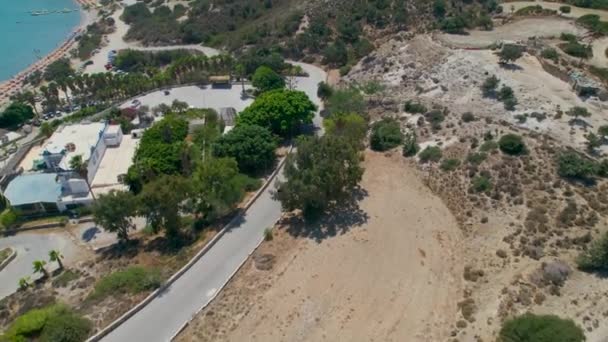 Aerial View Car Approaching Paradise Beach Kos Greece — Vídeo de Stock