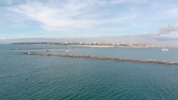 Rocky Pier Lighthouse Porto Portimao Coast Portugal Aerial — Wideo stockowe