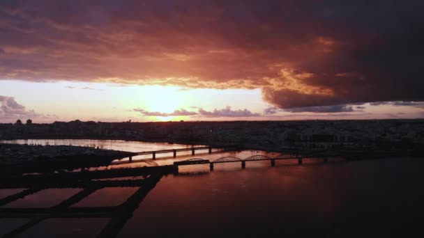 Portimao Railway Bridge Beautiful Vibrant Portugal Sunset Aerial — 비디오