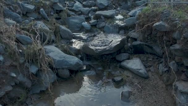 Камера Панорамирует Небольшой Ручей Стекающий Каменистого Русла Районе Пляжа Серра — стоковое видео