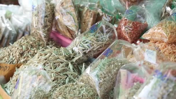 Different Kinds Dried Seafood Packed Plastic Bag Displaying Local Seafood — Vídeo de Stock