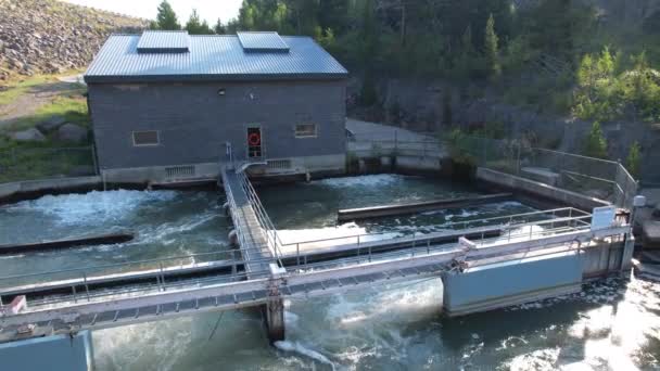 Beautiful Drone Close Small Hydro Electric Plant Creating Generating Electricity — ストック動画