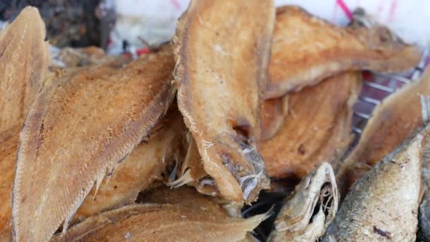 Different Kinds Deep Fried Fresh Fish Displaying Tray — Stock video