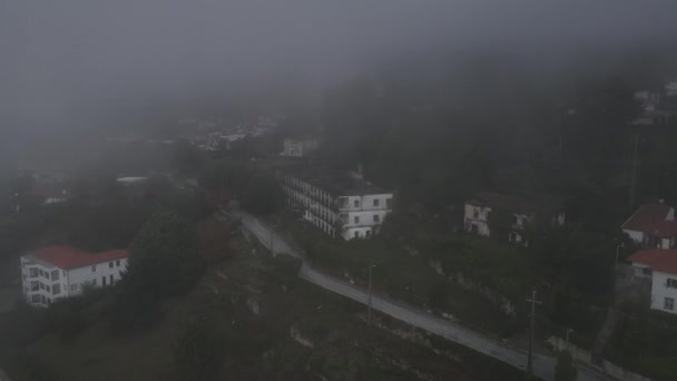 Aerial Drone View Caramulo Sanatorium Old Abandoned Building Misty Day — Stockvideo