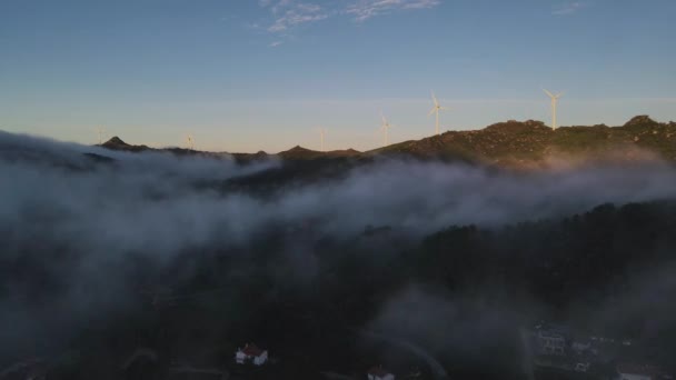 Wind Turbines Spinning Top Hills Sunrise Clouds Carpet Caramulo Portugal — Video