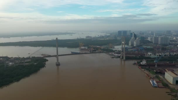 Drone View Flying Away Large River Suspension Bridge Industrial Urban — Stockvideo