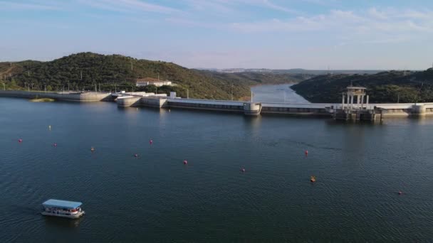 Drone Flying Alqueva Dam River Background Portugal Aerial Forward — Stock Video
