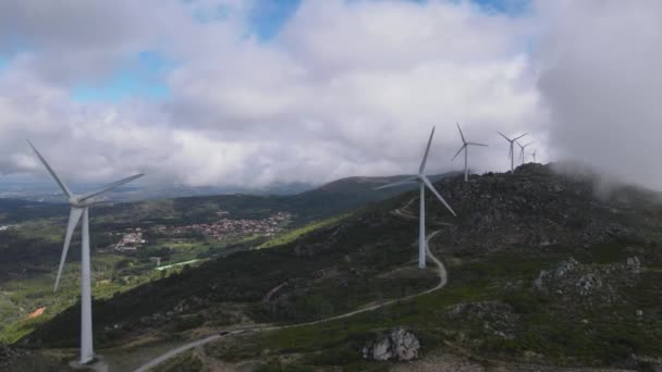 Wind Turbine Generators Top Hill Surrounding Landscape Caramulo Portugal Aerial — Stockvideo