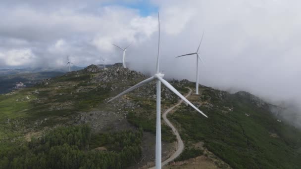 Wind Turbines Slowly Spin Top Mountain Shrouded Clouds Caramulo Portugal — Stock Video