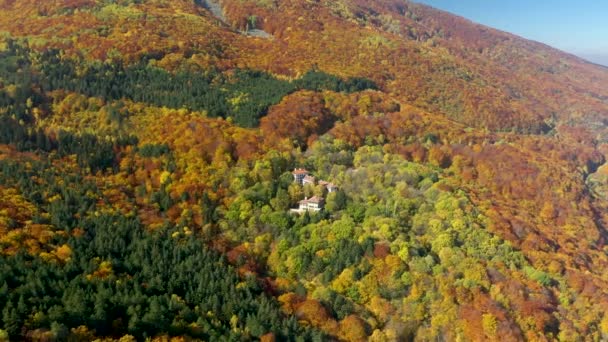 Hotel Versteckt Herbstwald Umgeben Von Rotem Grünem Orangefarbenem Laub — Stockvideo