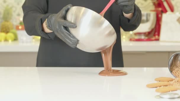 Melted Chocolate Pouring Table Chef Black Apron — Stok Video