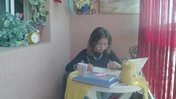 Busy Businesswoman Hurry Looks Her Watch Alarm Clock While Writing — Stok video