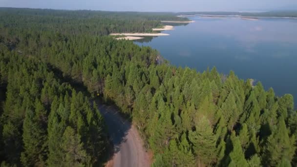 Mountain Road Edge Lake Reservoir Aerial Drone Shot Lake Pine — Vídeo de stock