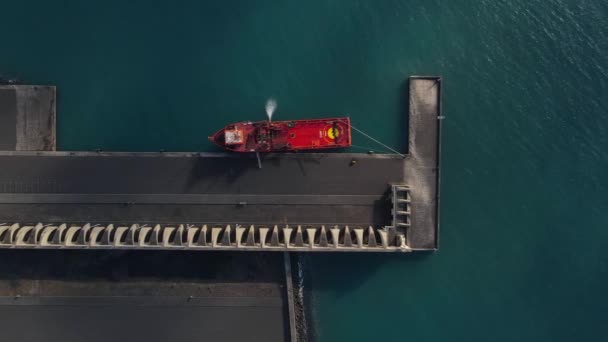 Red Cargo Ship Moored Pier Tazacorte Harbor Palma Island Aerial — Vídeos de Stock