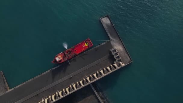 Red Cargo Ship Moored Pier Tazacorte Harbor Palma Island Aerial — Stock Video