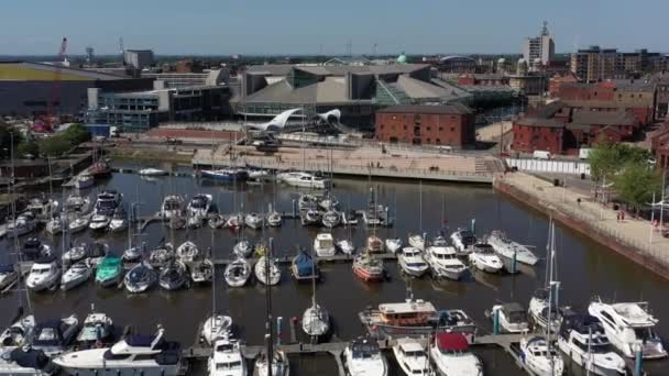 Low Backwards Aerial Flight Reveal Hull Marina Lock Gates — 图库视频影像