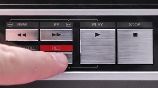 Extreme Close Buttons Old Antique Vintage Vcr Pushing Holding Record — Vídeo de Stock